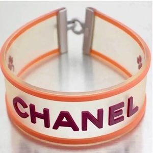 Vintage 2001 CHANEL Logo Camellia Orange Violet Rubber Cuff Bracelet